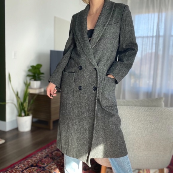 Grey Wool Coat Herringbone Vintage Charcoal Long Jacket Double Breasted Collared - Picture 2 of 8